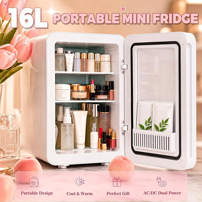 Kikihouse 16L/20L Skincare Fridge with LED Mirror, Small Fridge for Makeup | Portable Skin Care Fridge for Beauty, Cosmetics, Personal Mini Refrigerator for Food, Office, Dorm, Car, Cooler & Warmer