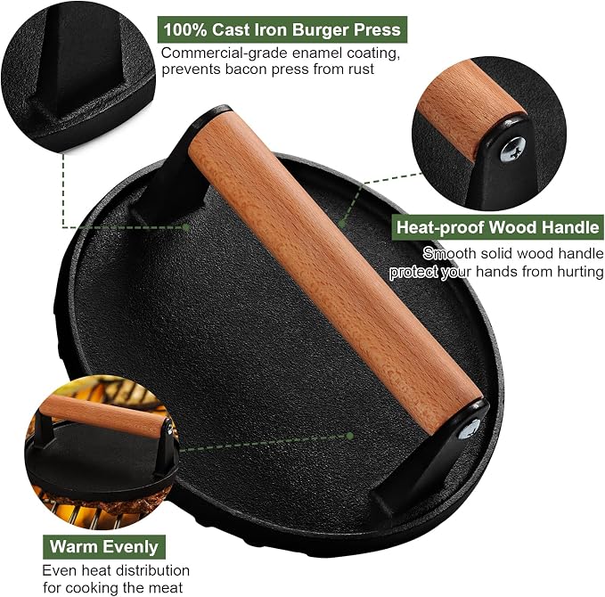 EWFEN Burger Press, 7" Round Heavy-Duty Cast Iron Smash Bacon Press Meat Steak with Wood Handle for Griddle, Sandwich, Nonstick Pan