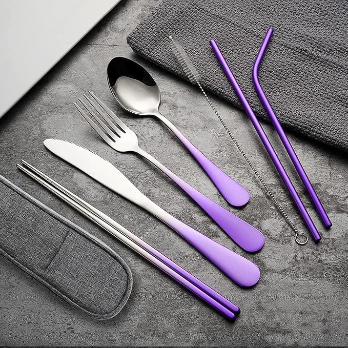 Travel Utensils Set with Case Reusable Portable Cutlery Set Stainless Steel 8pcs Including Dinner Knife Fork Spoon Chopsticks straws (Gradient Purple) | Dishwasher Including Dinner Knife Fork Spoon Chopsticks Straws Travel Fork Spoon Knife for Work, Ca...