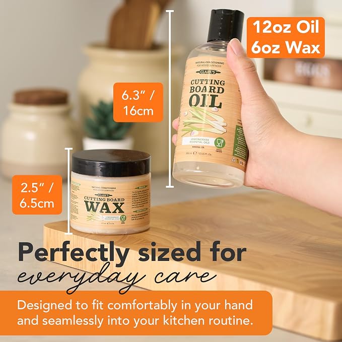CLARK'S Cutting Board Oil & Wax Kit, Lemongrass Scent - Set of 2 | Includes Food Grade Mineral Oil (12oz), Cutting Board Wax (6oz) for Cutting Boards, Butcher Blocks & Kitchen Wooden Utensils
