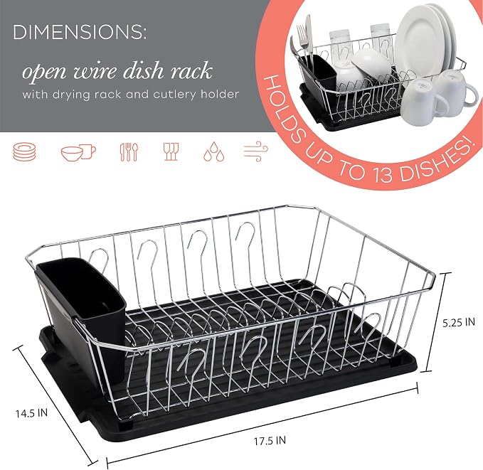 Kitchen Details 3 Piece Dish Rack | Drying Rack, Cutlery Basket & Drainboard Tray | Countertop | Self Draining | Open Wire Design | Chrome | Black