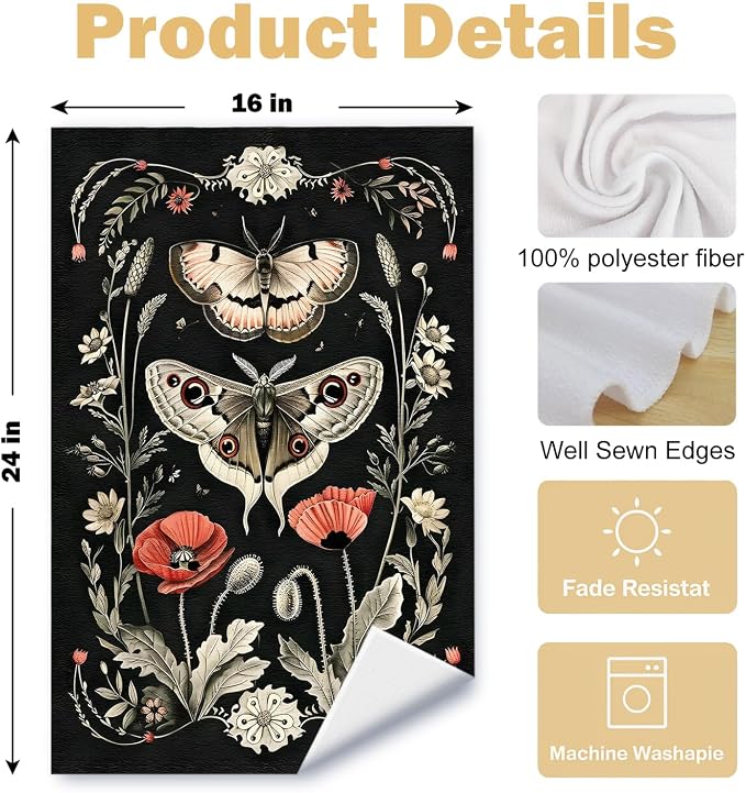 Moody Floral Moth Dragonfly Kitchen Towels Set of 2, Dark Cottagecore Botanical Dish Tea Towels for Kitchen Decor, Dark Academia Flowers Hand Towels for Bathroom Decor, 16x24 Inch