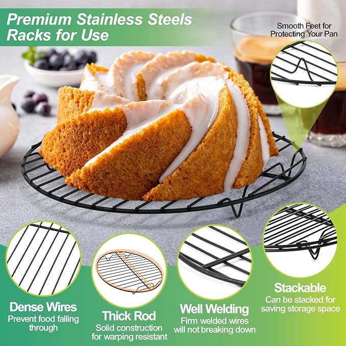 P&P CHEF 9 Inch Cooking Rack Round for Steaming Cooling, Black, 2 Pack | Stainless Steel Round Wire Rack for Baking Grilling, Roasting, Fits Air Fryer, Steamer Pot, Oven & Dishwasher Safe