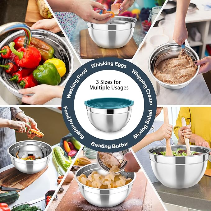 P&P CHEF Stainless Steel Mixing Bowls with Lids, Set of 3, Blue | Nesting Salad Bowl, Sturdy& Rust Proof, Airtight & Stackable, Suit for Mixing, Storing, Prepping, 3 Size - 4.6/3 /1.5 QT