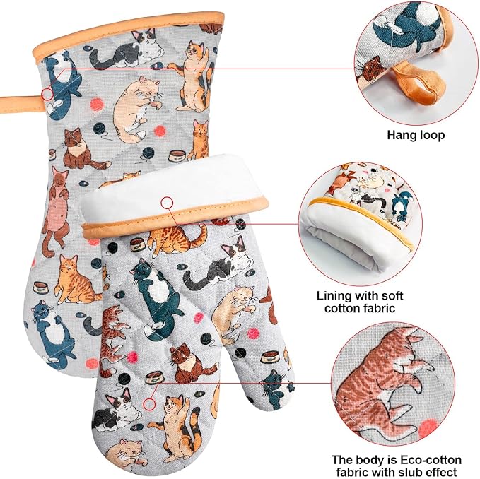 Alselo Oven Mitts and Pot Holders with Chef Apron,Kitchen Set of 5 | Heat Resistant Kitchen Gloves and Silicone Non-Slip Potholders Adjustable Neck Buckle Chef Apron, Cotton Cat Design (Cat)