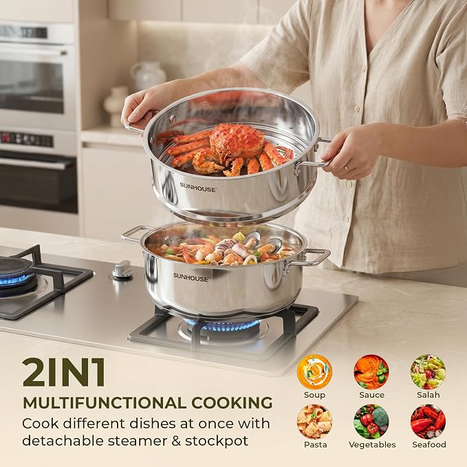 SUNHOUSE 9.3 QT Stainless Steel Steamer Pot for Cooking with Glass Lid | 5.5 QT Steamer Basket & 3.8 QT Stockpot - 2-Tier Large Vegetable Steamer Food with Stay-Cool Handles - Tri-ply Induction Base