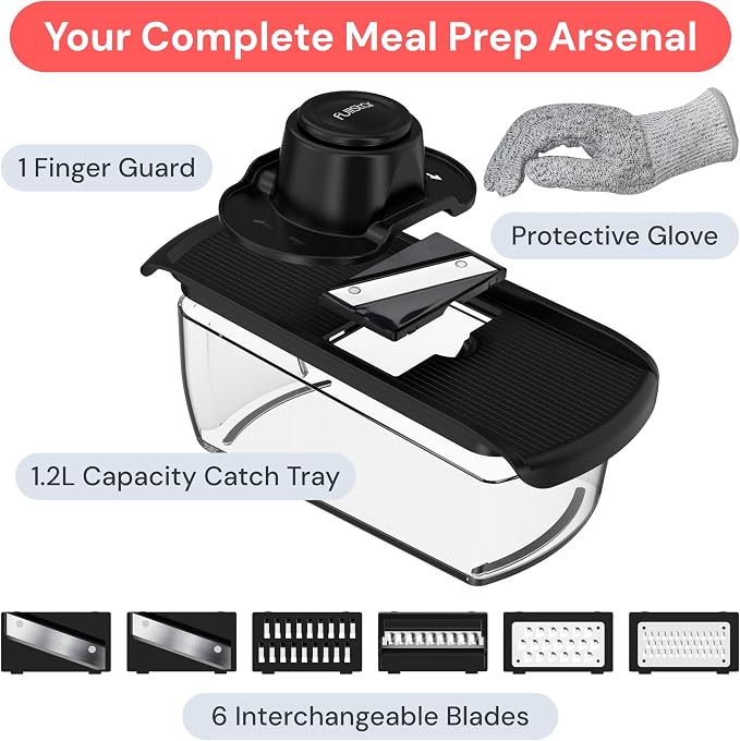 Fullstar Pro Mandoline Vegetable Slicer, Grater & Spiralizer with Container | 6 in 1 Fruit Cutter, Cheese Grater & Spiralizer with Safety Gloves, Stainless Steel Blades & Container (Black)