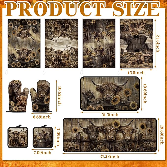 Fanfanwin 10 Pcs Fall Pumpkin Kitchen Decor Set Kitchen Towels Pot Holders Oven Mitts and Rugs Set Thanksgiving Towels for Baking Cooking BBQ Autumn Home (Brown,Cow Sunflower)