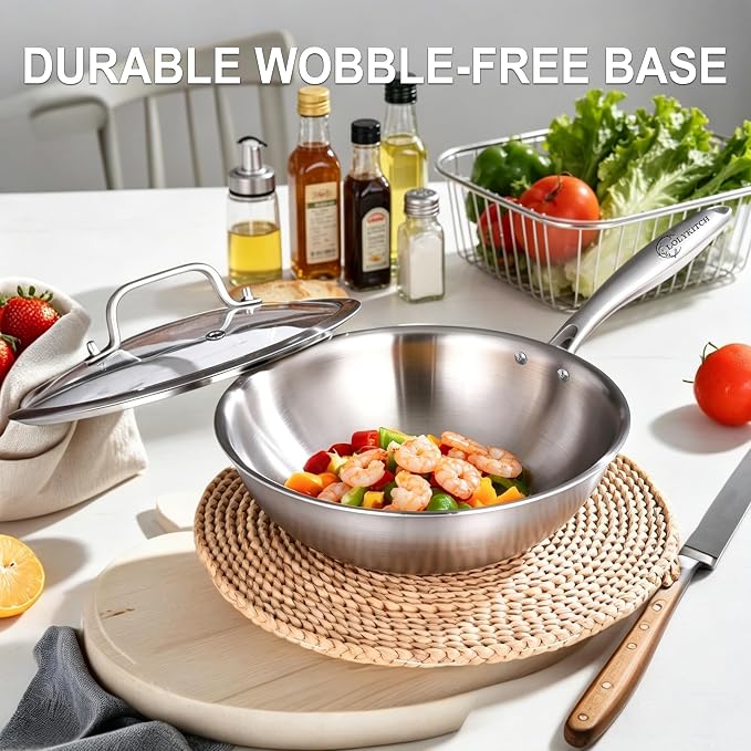 LOLYKITCH 11-Inch Tri-Ply Stainless Steel Wok Pan with Lid | Riveted Handle | Stir-Frying Pan | Induction Wok | Dishwasher and Oven Safe | Heavy-Duty | Flat-Bottom