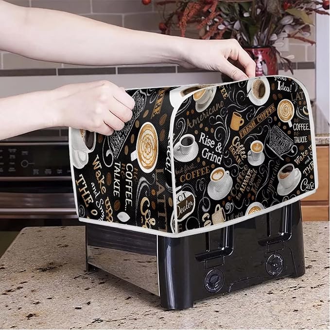 Coffee Theme Print 4 Slice Toaster Cover Kitchen Small Appliance Covers Universal Size Microwave Oven Dustproof Cover Women