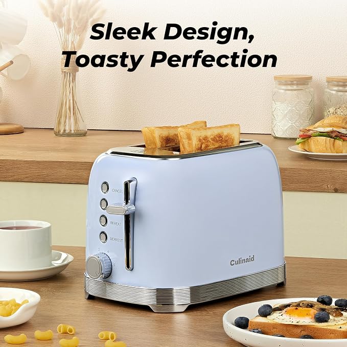 Toaster 2 Slice Retro Stainless Steel, Blue | 1.5” Extra Wide Slots with Bagel, Defrost, Reheat, Cancel Functions, 6 Bread Shade Settings, Removable Crumb Tray