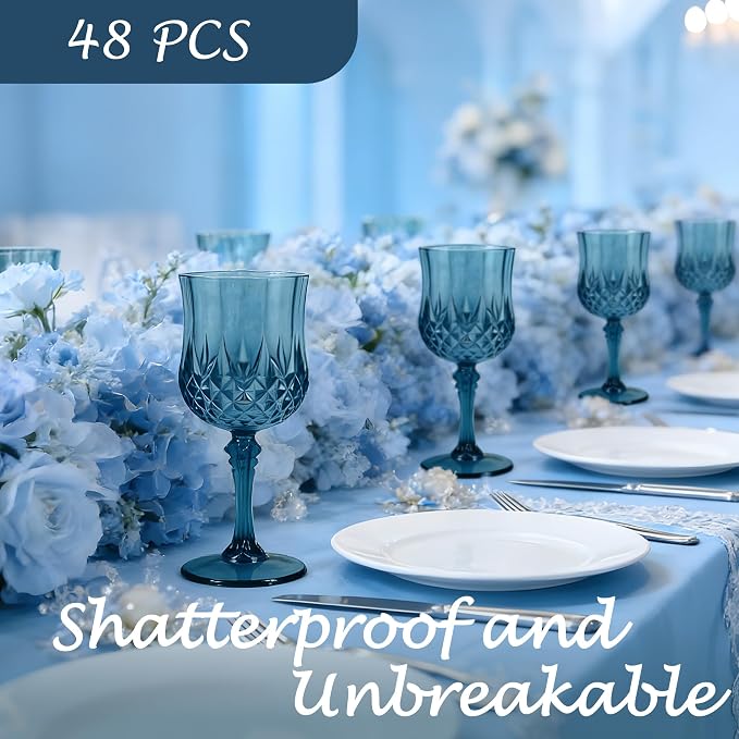 48Pack Plastic Wine Glasses, 7oz Vintage Goblets for Wedding | Unbreakable Crystal Style Reusable Stemware, Elegant Navy Blue Drinking Glass for Party Anniversary & Holiday Celebration
