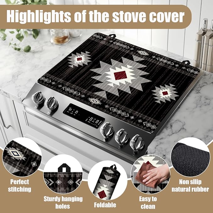 Black Southwestern Stove Top Covers for Electric Stove, Electric Gas Stove Pad Heat Resistant Range Cooktop Protector for Home Decor Kitchen 28"x20"