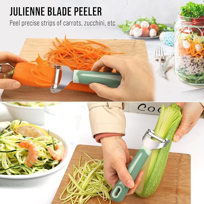 Julienne Peeler Vegetable Peeler with 4.8'' Long Silicone Handle | Non-slip grip & sharp blade; Y carrot shredder-for strips; Potato/serrated peeler-ordinary peeling/soft skin; 3 Pack; Green