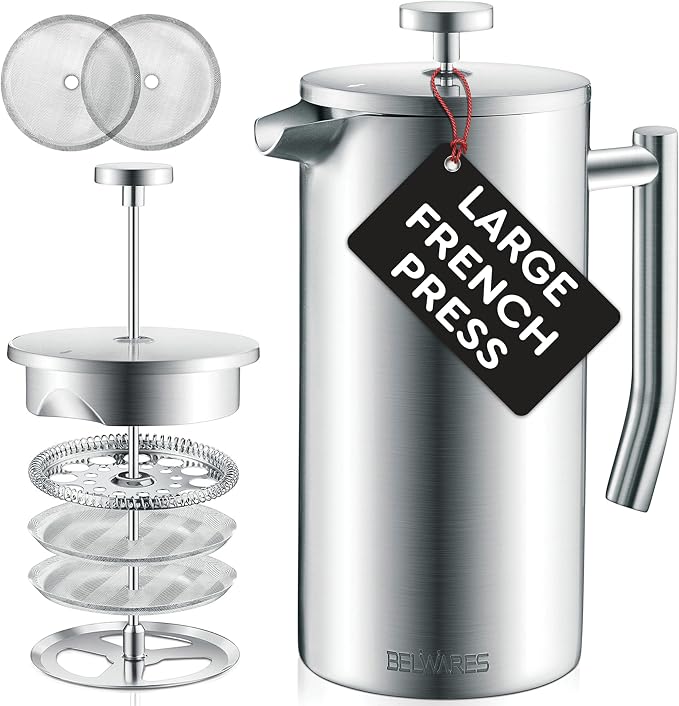 Belwares French Press Coffee Maker - Large 50oz 6-Cup, 304 Stainless Steel Coffee Press, Double Wall Insulated Heat Retention, 4-Level Filtration for Smooth Ground-Free Coffee, 2 Extra Filters, Silver
