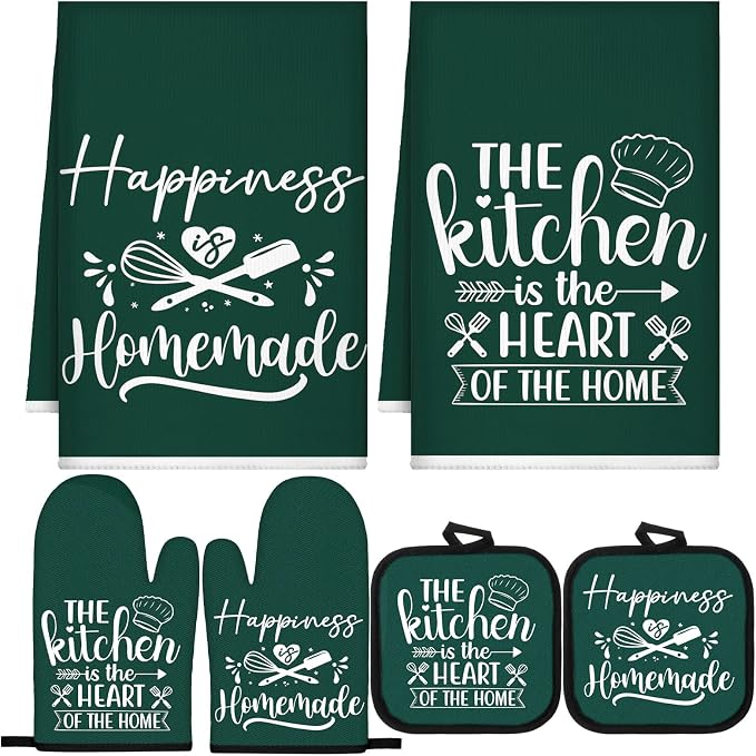 Sratte 6 Pcs Kitchen Decor Accessories Set, Kitchen, Dark Green | Farmhouse Kitchen Towels Pot Holders Oven Mitts Set 2 Dish Towels 2 Potholders 2 Cooking Mittens for Baking Cooking Supply
