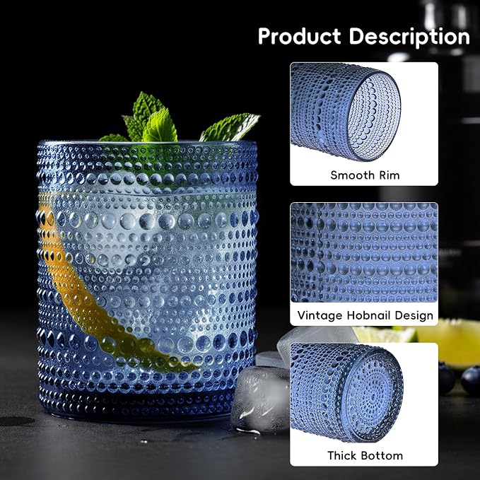 Moretoes Blue Hobnail Drinking Glasses Set of 16,Glass Cups | 12 Oz Highball Glasses & 10 Oz Cocktail Glasses, Kitchen Bar Tumbler Glassware Set for Whiskey, Beer, Juice, Milk