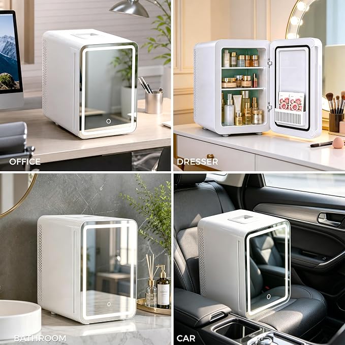Kikihouse 16L/20L Skincare Fridge with LED Mirror, Small Fridge for Makeup | Portable Skin Care Fridge for Beauty, Cosmetics, Personal Mini Refrigerator for Food, Office, Dorm, Car, Cooler & Warmer
