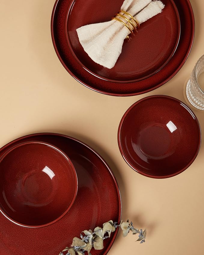 Santorini Mist Terracotta Reactive Glaze Plates and Bowls Sets, Stoneware Dinnerware Sets, Microwave and Dishwasher Safe Ceramic Dish Set Service for 4, Terracotta Red