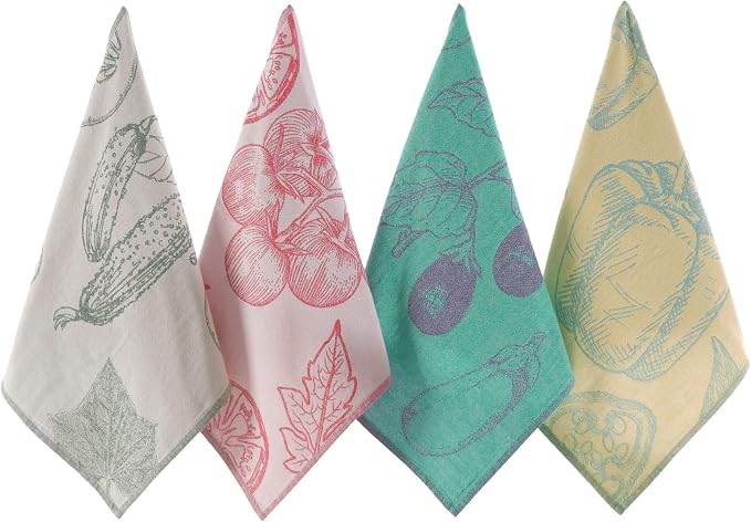 Dish Towels for Kitchen, Jacquard Tea Towel Set, Stylish and Functional, A Great Gift for Any Home, 100% Turkish Cotton Towel Set of 4 (Garden Vegetables)