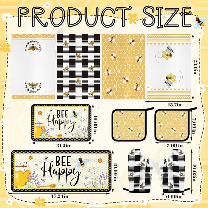 Fourluoo 10 Pcs Bee Kitchen Decor Set Honey Bee Dish Towels Rugs Oven Mitts and Pot Holders Set Farmhouse Kitchen Decor for Women Mom Gift Cooking Baking Grilling