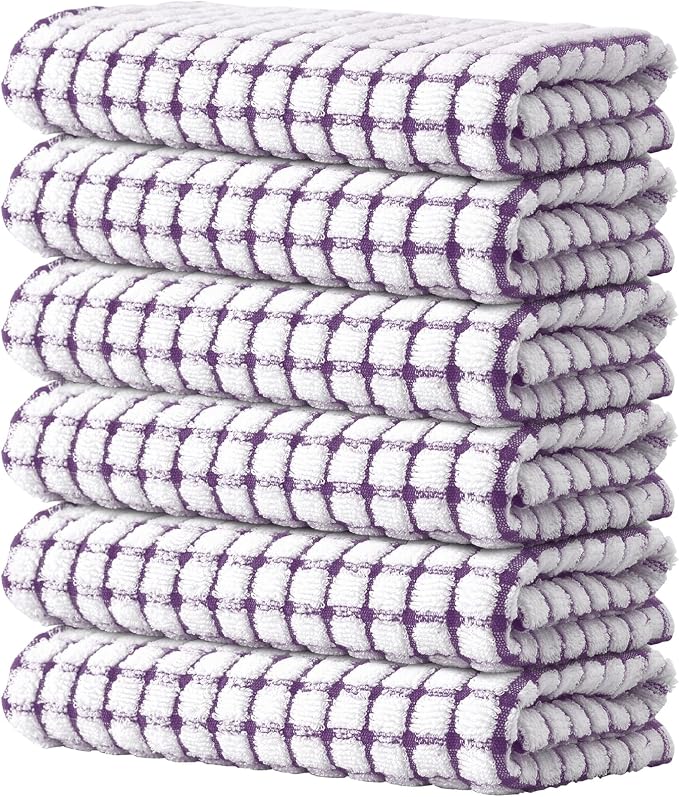 Kitinjoy Cotton 6 Pack Terry Kitchen Towels, Purple | 16 x 25 Inches Super Soft and Absorbent Dish Towels, Quick Drying hand towels for kitchen Drying