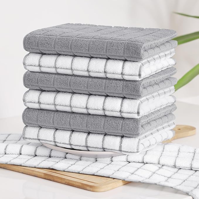 Homaxy Large Premium Cotton Kitchen Towels 16"x 28", 4 Pack, Light Grey | Natural Ring Spun 390 GSM Dish Towels, Super Absorbent Terry Kitchen Hand Towels, Soft Tea Towels with Hanging Loop