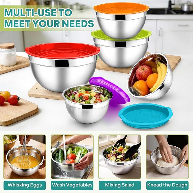 E-far Mixing Bowls with Lids Set, Stainless Steel Salad Bowls, Colorful | 10-Piece Metal Nesting Bowls with Airtight Lid for Kitchen Cooking, Baking/Prepping, Dishwasher Safe, 0.7/1.5/2.1/3/4.6 QT