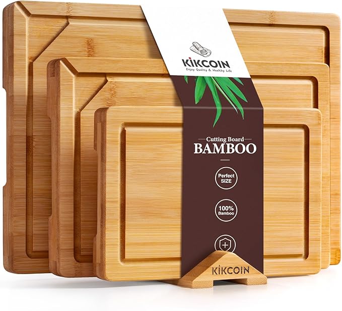 Kikcoin 3+1 Piece Self-Draining Bamboo Cutting Boards, Wooden Cutting Boards for Charcuterie, Vegetables, Cheese, Bread, Extra Large Chopping Boards with Deep Juice Groove and Handle, Natural