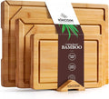 Kikcoin 3+1 Piece Self-Draining Bamboo Cutting Boards, Wooden Cutting Boards for Charcuterie, Vegetables, Cheese, Bread, Extra Large Chopping Boards with Deep Juice Groove and Handle, Natural