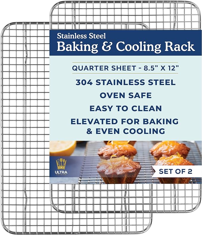 Cooling & Baking Rack Set - 8.5'' x 12'' - Set of 2 | 100% Stainless Steel, Oven-Safe, Dishwasher-Safe, Heavy Duty Tight-Wire, Set of 2, Quater Sheet Pan Cooling Racks, Easy Clean