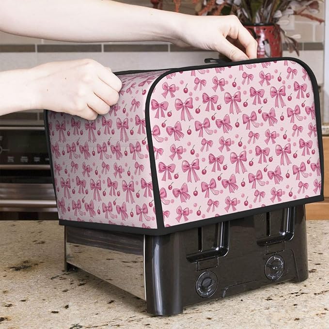 4 Slice Toaster Cover Pink Bow Pattern Cherry Dust Proof Washable Kitchen Appliance Cover with Pocket, Oxford Fabric Countertop Toaster Protector for Standard Toasters Small Appliances
