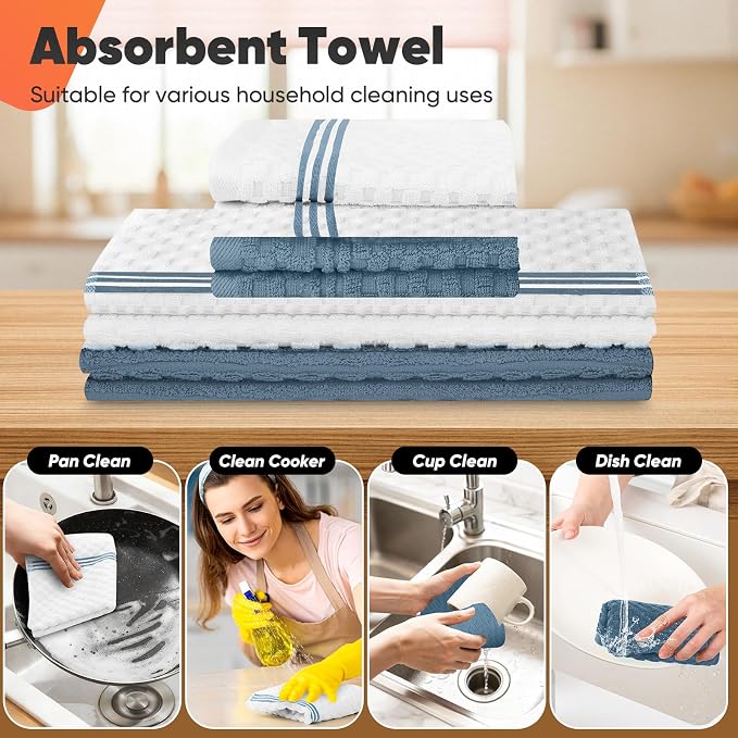 Oven Mitts Kitchen Towels and Dishcloths with Pot Holders Sets, Oven Gloves Hot Pads 500°F Heat Resistant with Silicone Grip, Include 2 Cooking Gloves/2 Potholders/4 Kitchen Towels/4 Dish Towels