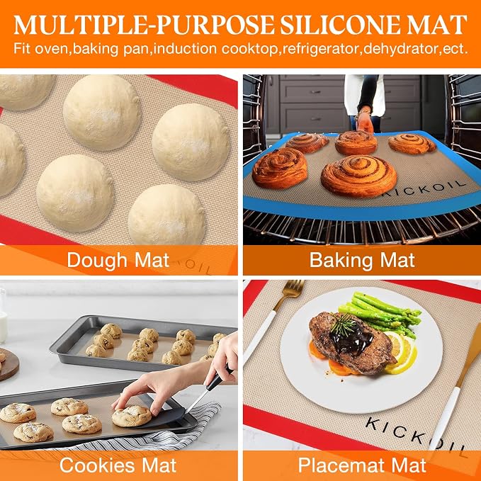 Silicone Baking Mats Set of 3, Non-Stick Reusable BPA-Free Oven Liners | Non Slip Silicone Baking Sheet for Cookies, Macarons, Bread and Pastry, Dishwasher Safe, 11.6'' x 8.5''(Quarter)