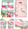 Bencailor 6 Pcs Flamingo Kitchen Towels Pot Holders and Oven Mitts Set Soft Cotton Linen Dish Towel Heat Resistant Oven Mitts for Summer Kitchen Decor Cooking Baking Grilling