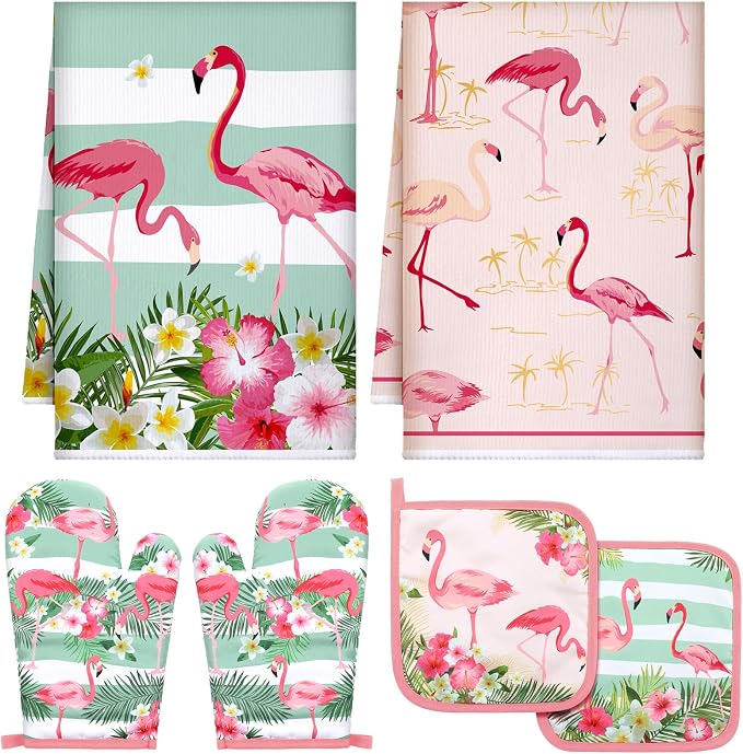 Bencailor 6 Pcs Flamingo Kitchen Towels Pot Holders and Oven Mitts Set Soft Cotton Linen Dish Towel Heat Resistant Oven Mitts for Summer Kitchen Decor Cooking Baking Grilling