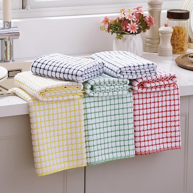 Mordimy Cotton 8 Pack Terry Kitchen Towels, 16 x 25 Inches | Super Soft and Absorbent Dish Towels, Quick Drying Hand Towels for Kitchen Drying, Blue/Yellow/Red/Green