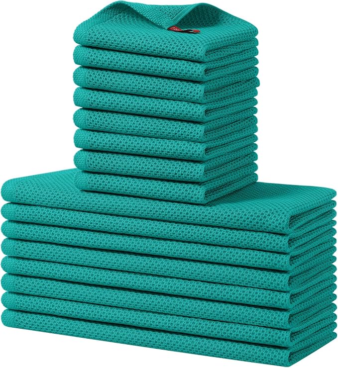 Homaxy 16 Pack 100% Cotton Kitchen Towels and Dishcloths Set, Teal | 12 x 12 Inches and 13 x 28 Inches Kitchen Towels Set, Ultra Soft Absorbent Dish Cloths for Washing Dishes