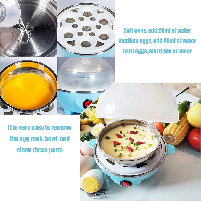 Electric Egg Boiler Cooker Rapid Poacher 7 or 14 Capacity Soft Medium Hard Boiled or Poached for Hard Boiled Scrambled Eggs or Omelets Steamed Vegetables Seafood w/Auto Shut Off Feature Blue
