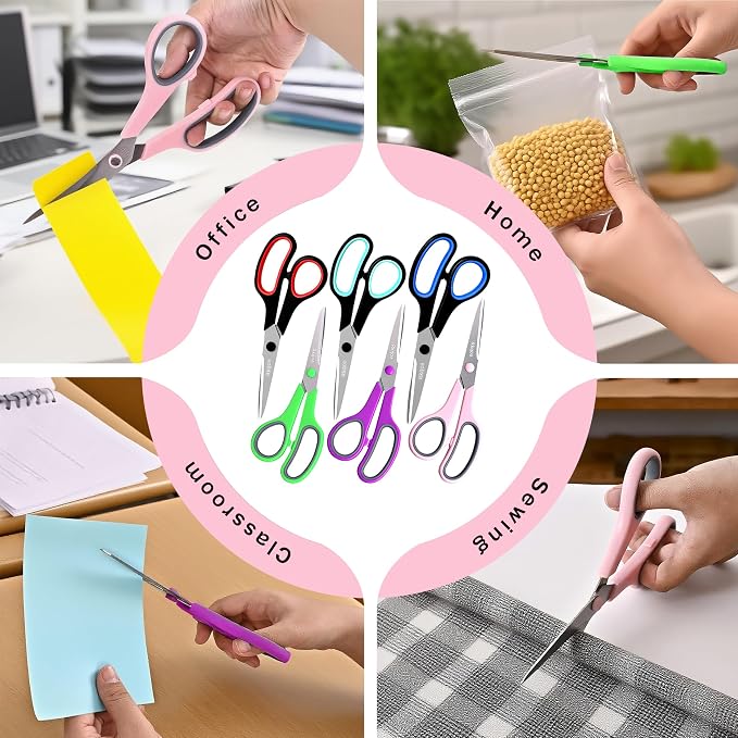 Scissors Set of 6 Pack, 8" All Purpose Sharp Shears for Everyday Use | Comfort-Grip Sharp Scissor for Office School Classroom Craft Sewing Supplies, High/Middle Student Teacher, Right/Left Handle