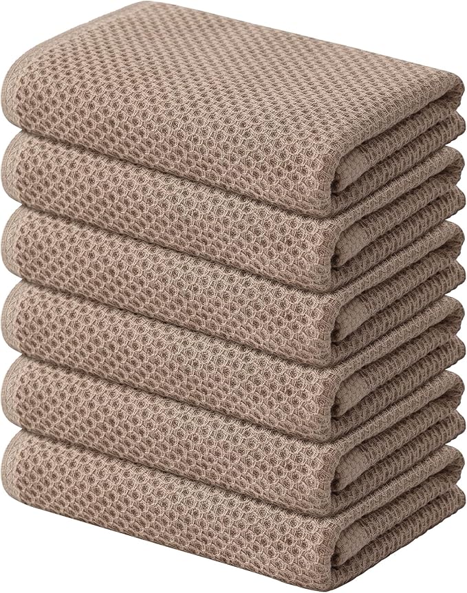 Kitinjoy 100% Cotton Waffle 6-Pack Kitchen Towels, 13" x 28", Tan | Super Soft, Ultra-Absorbent, Fast Drying, lightweight, Quick Drying Kitchen Hand Towels