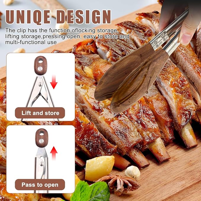 2-pcsTongs for Cooking with Wooden Tips - Nonstick Cooking Tongs & Salad Tongs for Blooming Food，Cooking, BBQ and Tossing Salad - Made of Natural Walnut Wood，Long Style15inch Short Style 11.4inch