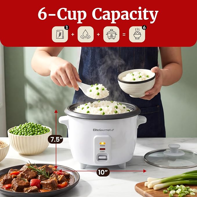 Elite Gourmet ERC003NSTX Rice Cooker & Food Steamer, Non-Stick Pot, White | Keep Warm - Glass Lid - Steam Tray Included - One-Touch Cooking - Includes Measuring Cup and Rice Scoop