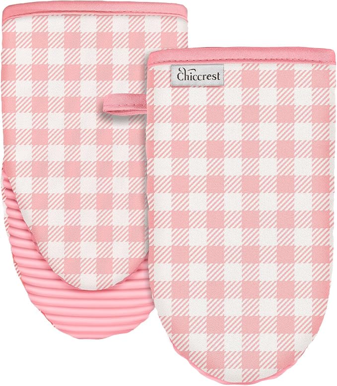 100% Thick Cotton Oven Mitts Ribbed Soft Silicone Pink Gingham | Aesthetic Oven Mitts for Women, Machine Washable Non-Slip Kitchen Mitts, Reversible for Both Hands, Stylish Kitchen Decor