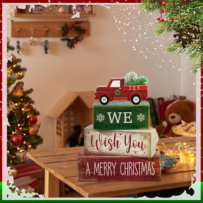 Lineshading 4 Pcs Wooden Red Truck Christmas Decor Block Signs | Farmhouse Tiered Tray Decor, Rustic Indoor Tabletop Centerpiece, Vintage Wooden Block Signs, Merry Christmas Truck Theme