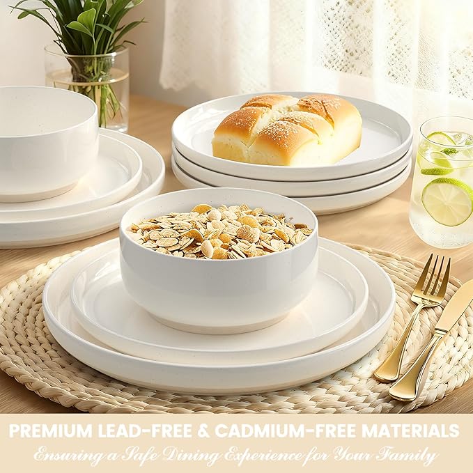 Plates and Bowls Sets, Scratch Resistant Dinnerware Sets for 8, 24 Pieces Porcelain Ceramic Dishware Dishes Set, Modern Stoneware Kitchen Dinner Set, Microwave and Dishwasher Safe, Cream White