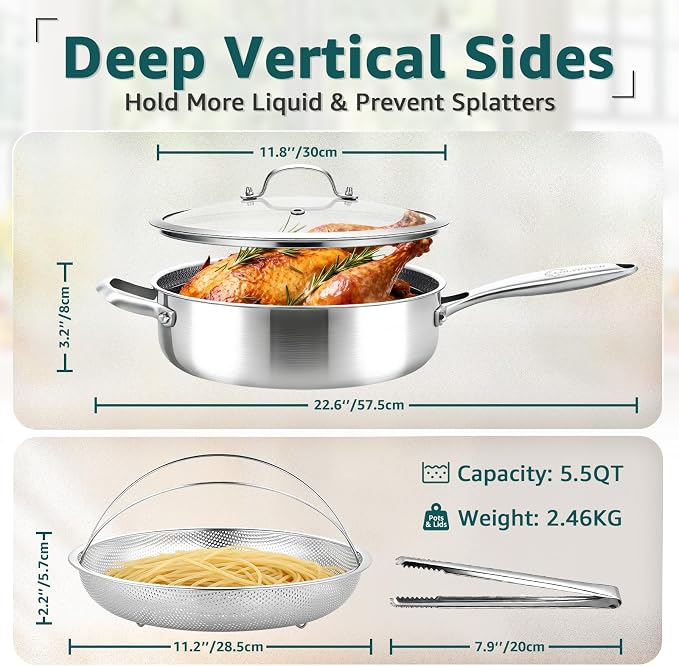 12 Inch Nonstick Deep Skillet with Lid, Fry Basket & Tongs | 5.5-Quart | Hybrid Sauté Pan with Lid | Tri-Ply Stainless Steel Large Frying Pan with Steam Insert, Works on All Cooktops