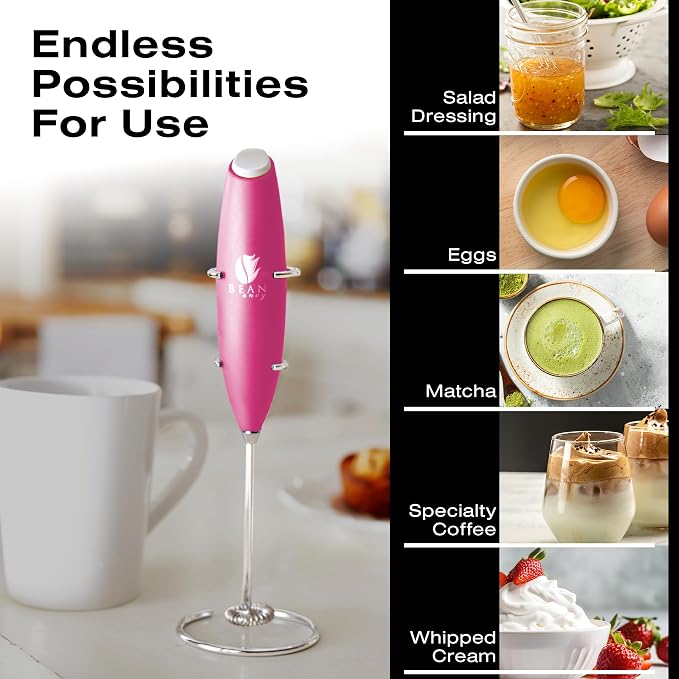 Bean Envy Milk Frother Handheld - Coffee Mixer Wand with Stand - Raspberry | Battery Operated, Stainless Steel Whisk, 19000 RPM, Protein Powder Blender, Electric Stirrer, Mini Foamer
