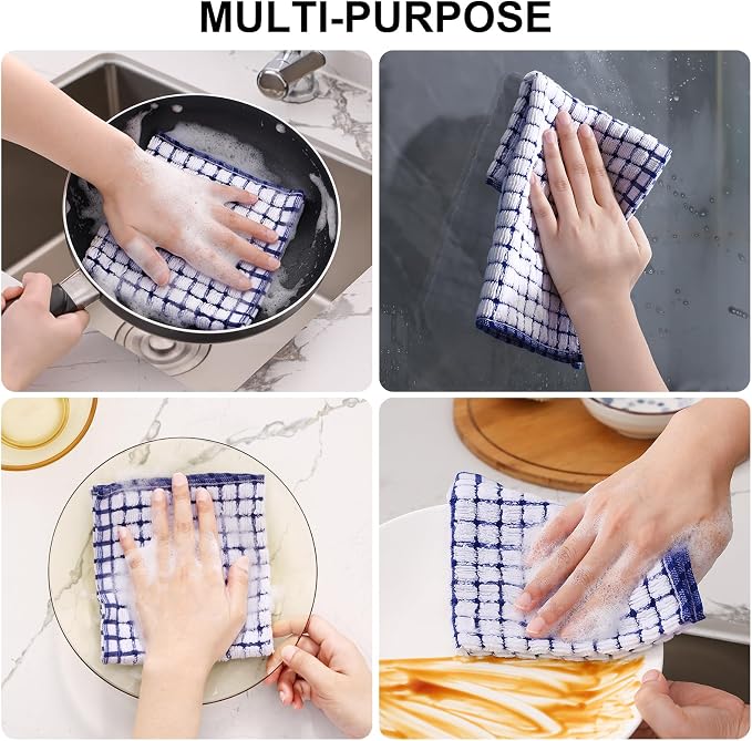 Kitinjoy Cotton 12 Pack Terry Kitchen Dish Cloths, Blue | 12 x 12 Inches Super Soft and Absorbent Dish Rags, Quick Drying Dish towels for Washing Dishes
