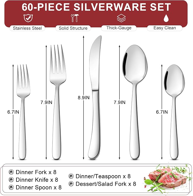 E-far Heavy Duty Silverware Set for 12, 60-Piece Stainless Steel Flatware Cutlery Set, Heavy Weight Metal Tableware Eating Utensils for Home Restaurant Weddings, Mirror Polished & Dishwasher Safe